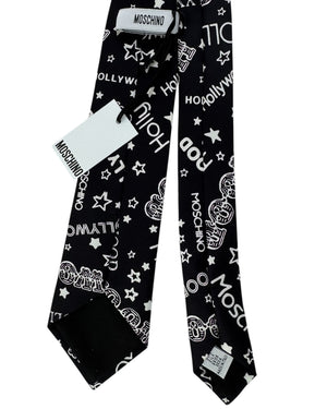 Moschino Silk Tie Black White Designer Logo & Stars