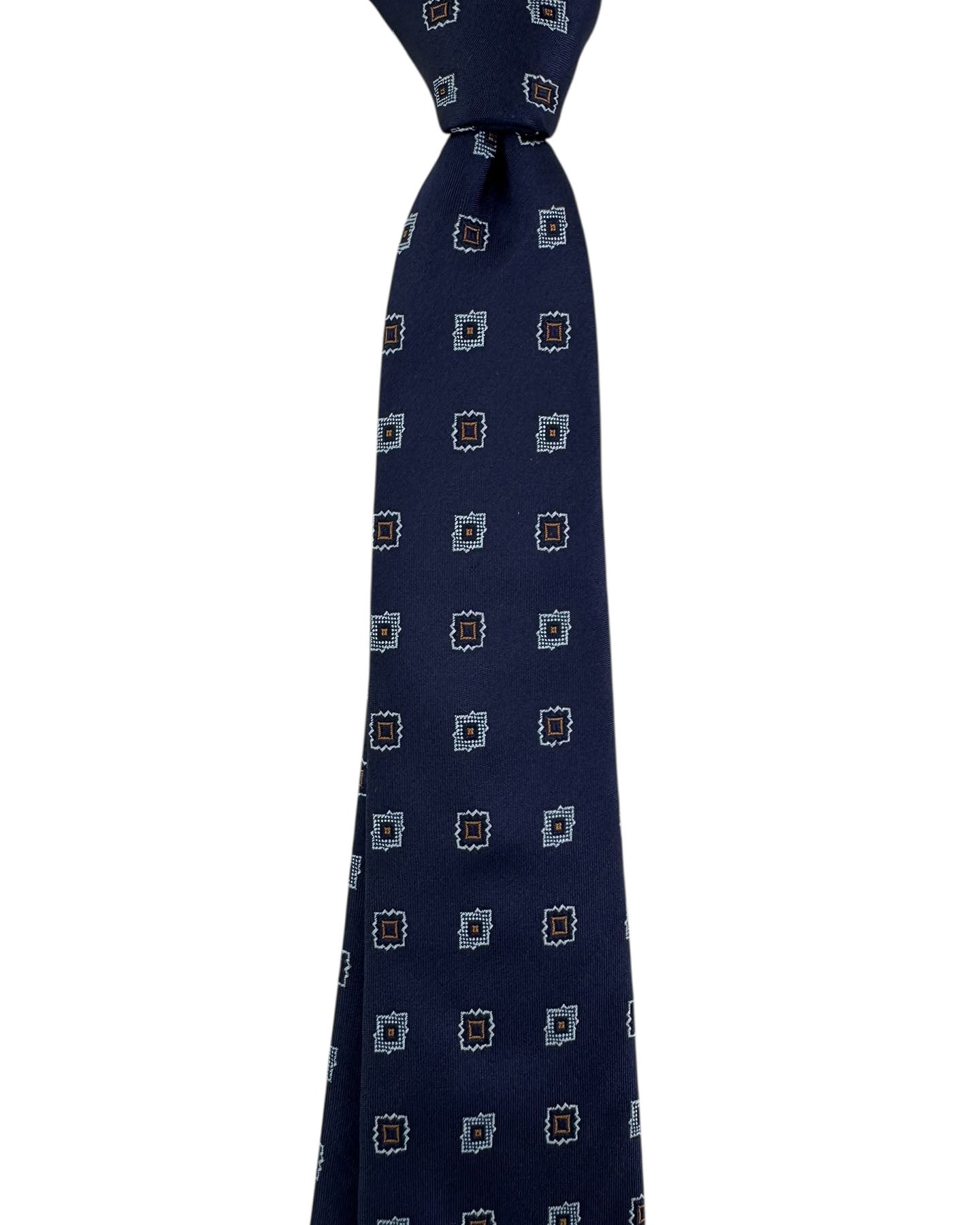 Moschino Silk Tie Navy Blue With Geometric Square Foulard Pattern