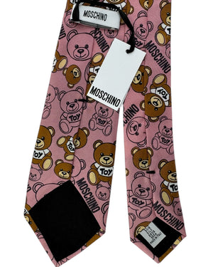 Moschino Silk Tie Pink With Mixed Teddy Bear Face Pattern