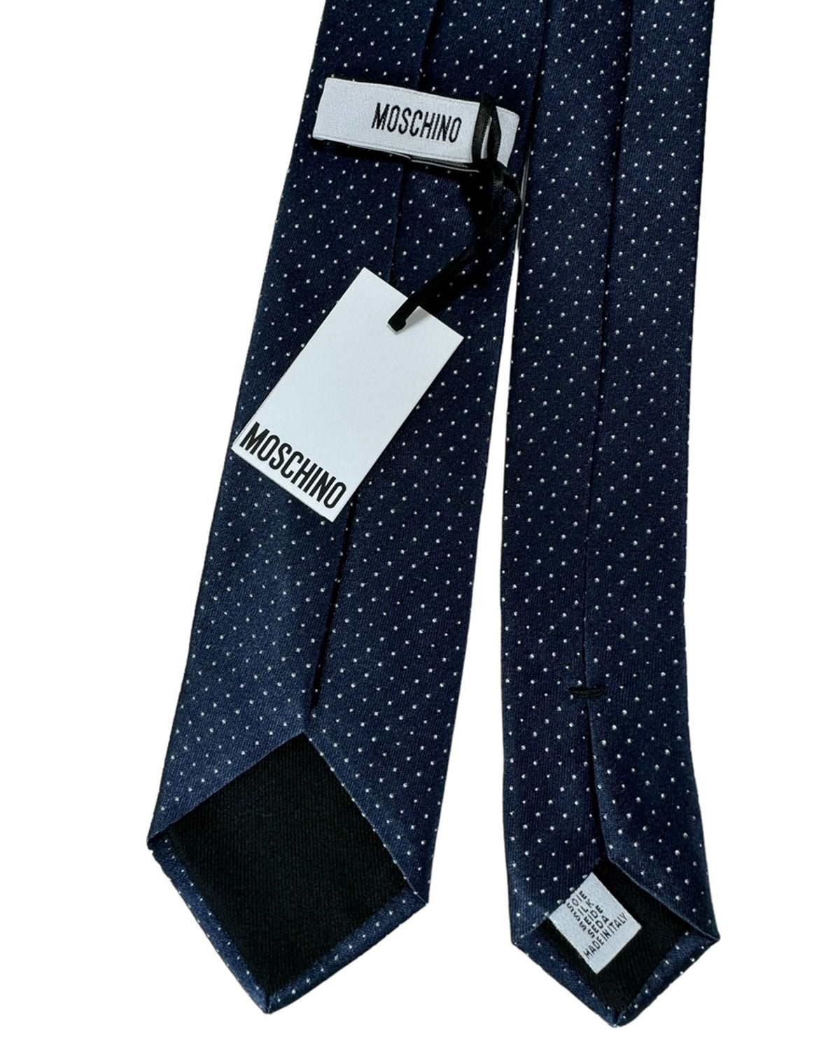 Moschino Silk Tie Midnight Blue Silver Micro Dots SALE