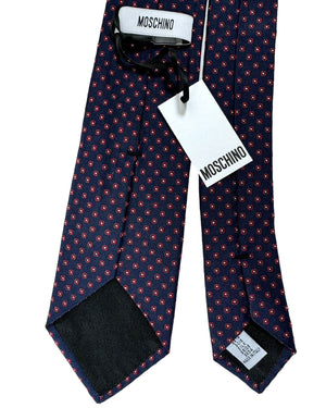 Moschino Silk Tie Midnight Blue Bordeaux Silver Geometric SALE