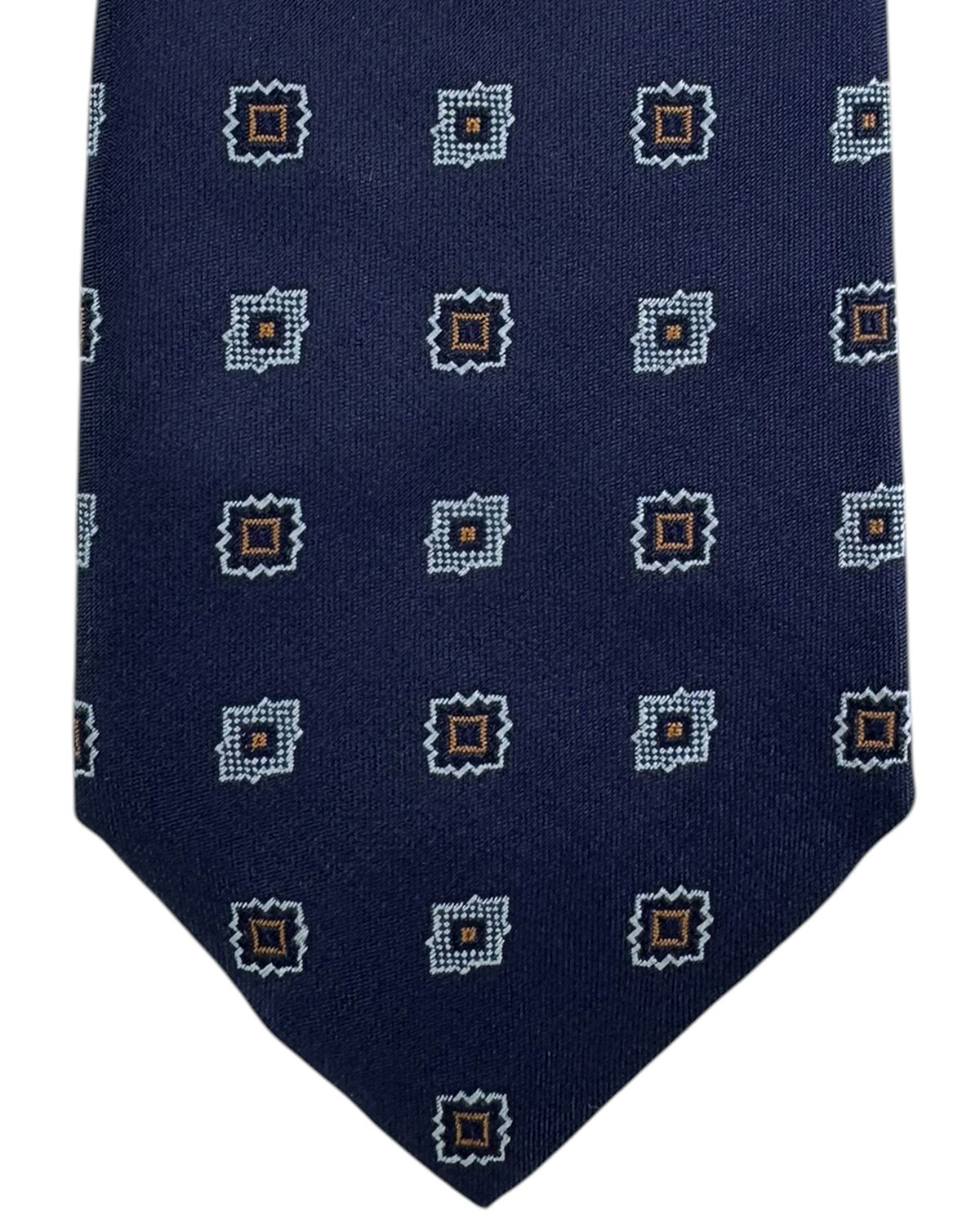 Moschino Silk Tie Navy Blue With Geometric Square Foulard Pattern