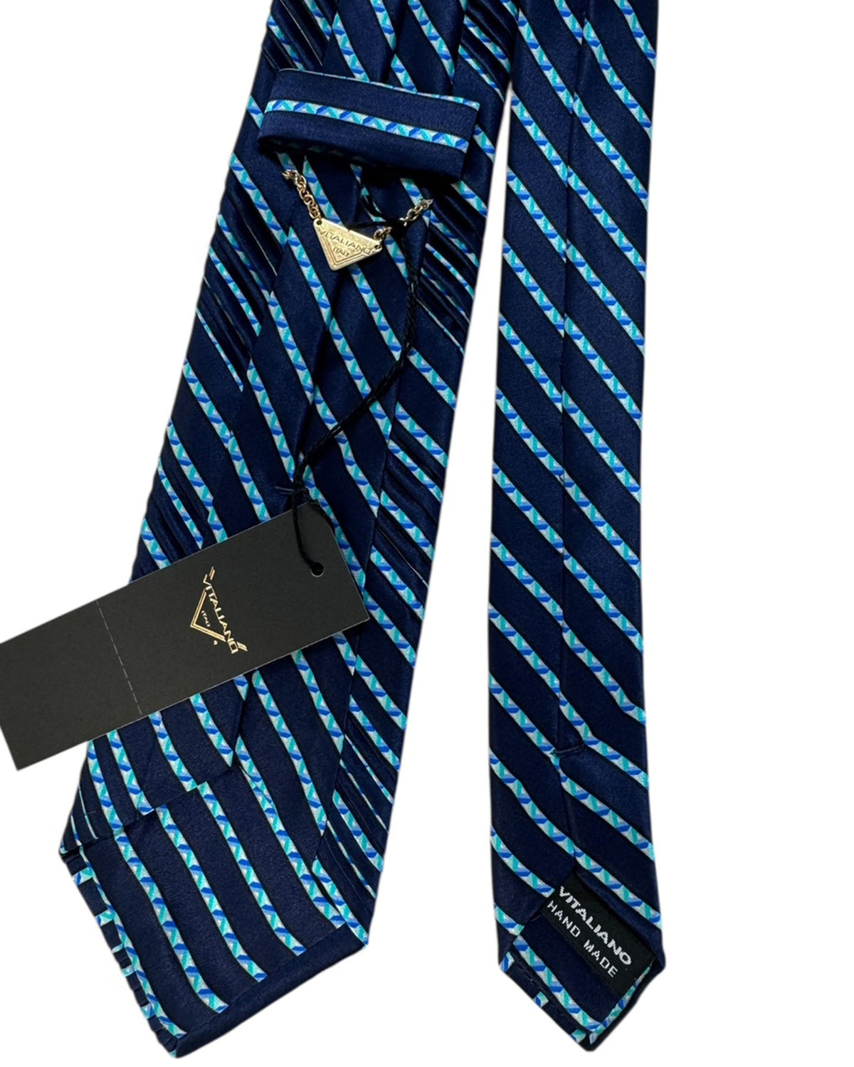 Vitaliano Pancaldi Pleated Silk Navy Blue Geometric Stripe