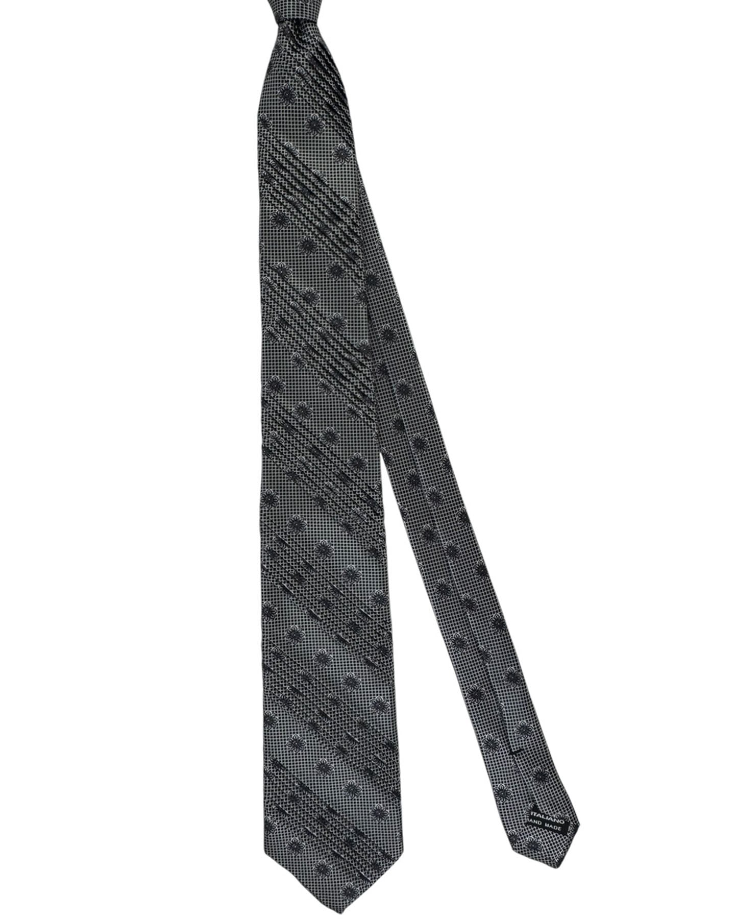 Vitaliano Pancaldi Pleated Silk Tie Silver Geometric Floral