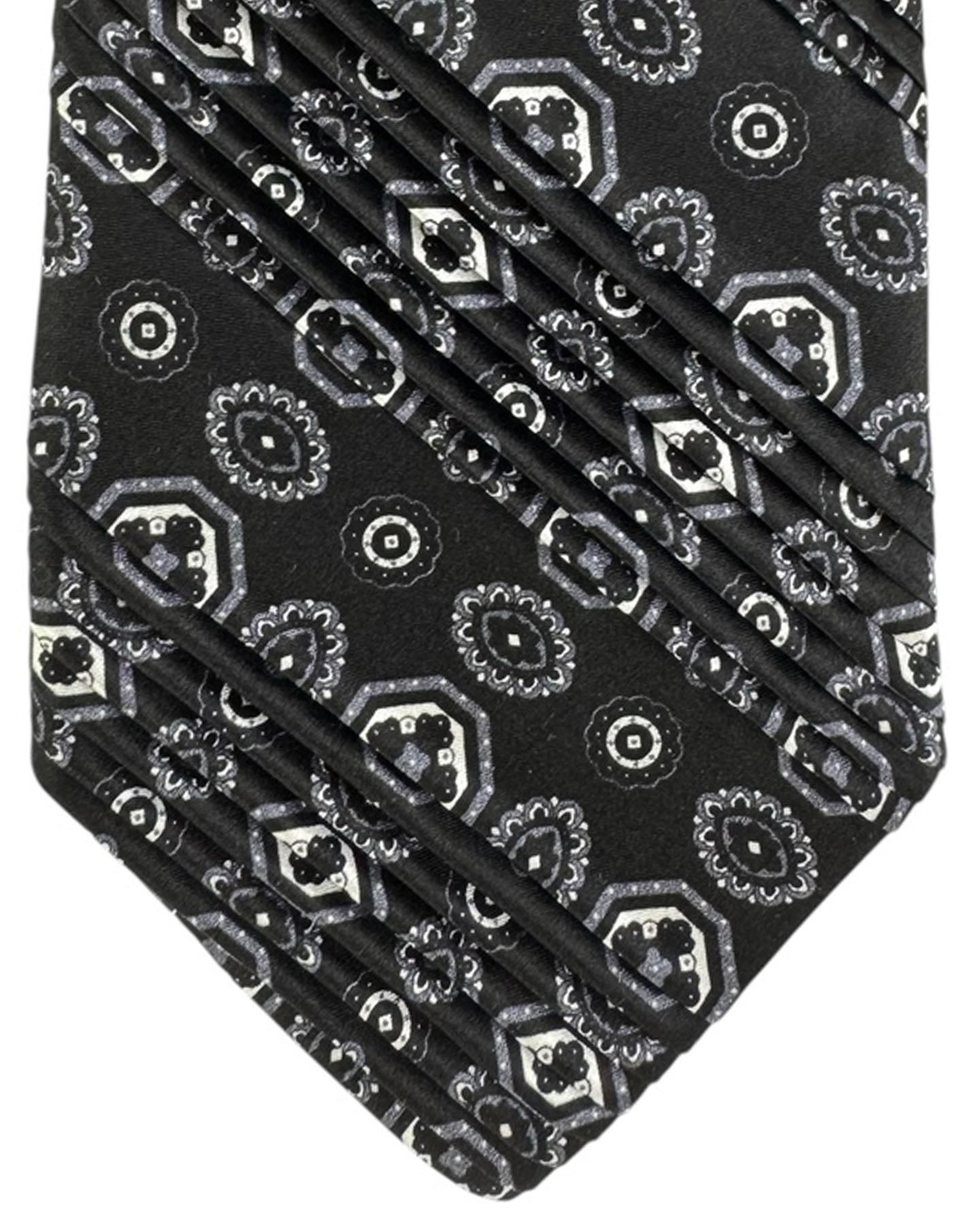 Vitaliano Pancaldi Pleated Silk Tie Black Medallion Design