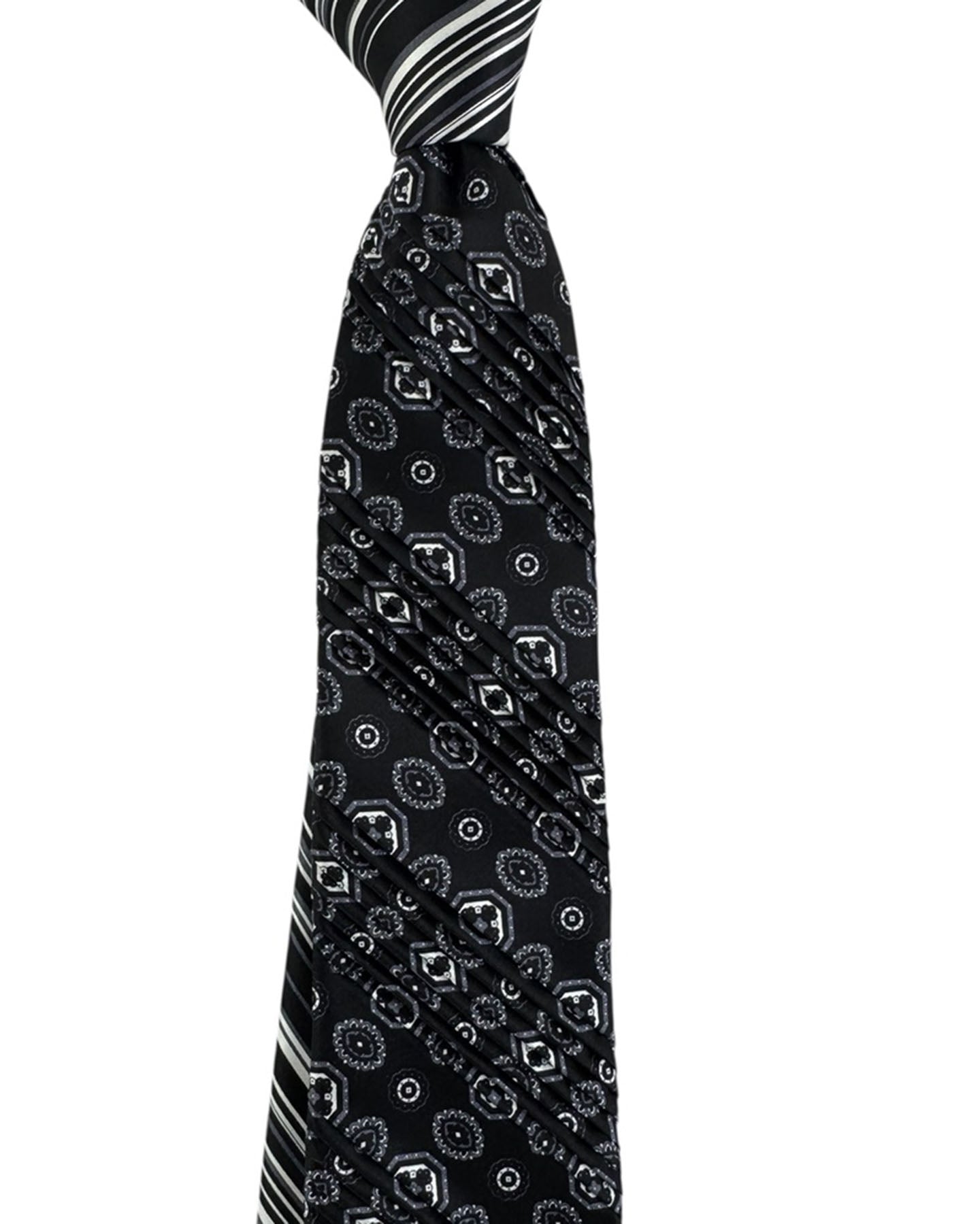 Vitaliano Pancaldi Pleated Silk Tie Black Medallion Design
