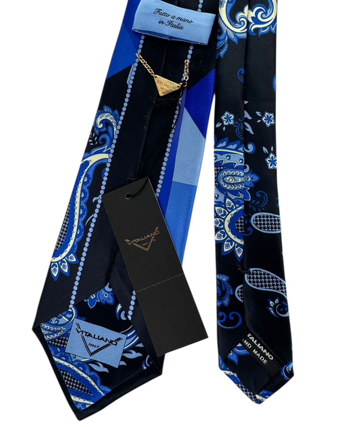 Vitaliano Pancaldi Silk Tie Royal Blue Geometric with Paisley Accents