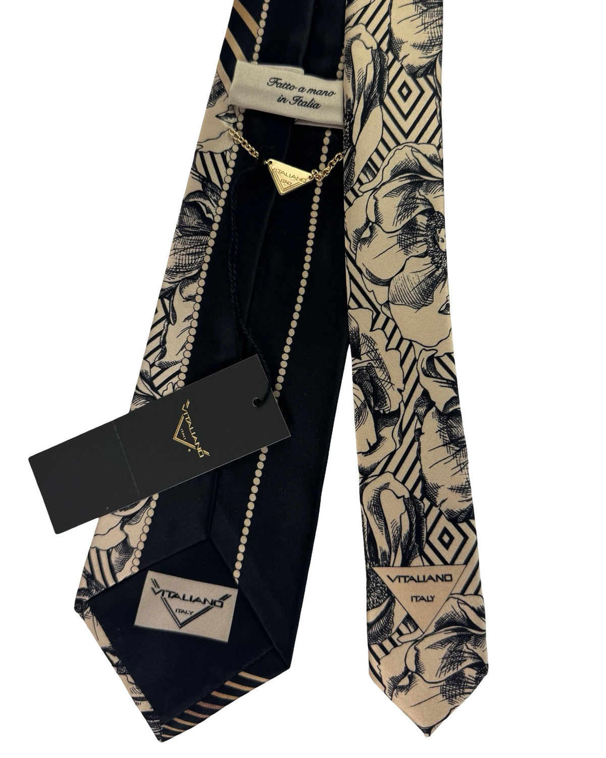 Vitaliano Pancaldi Silk Tie Black Tan Stripe Floral
