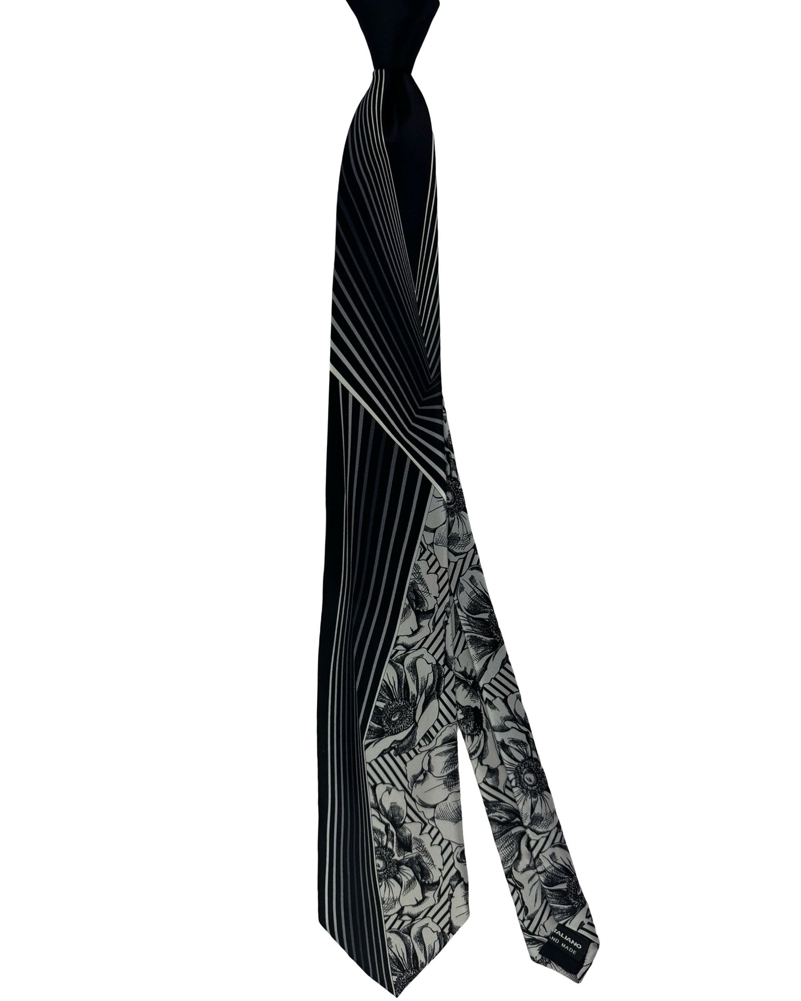 Vitaliano Pancaldi Silk Tie Black Gray Stripe Floral