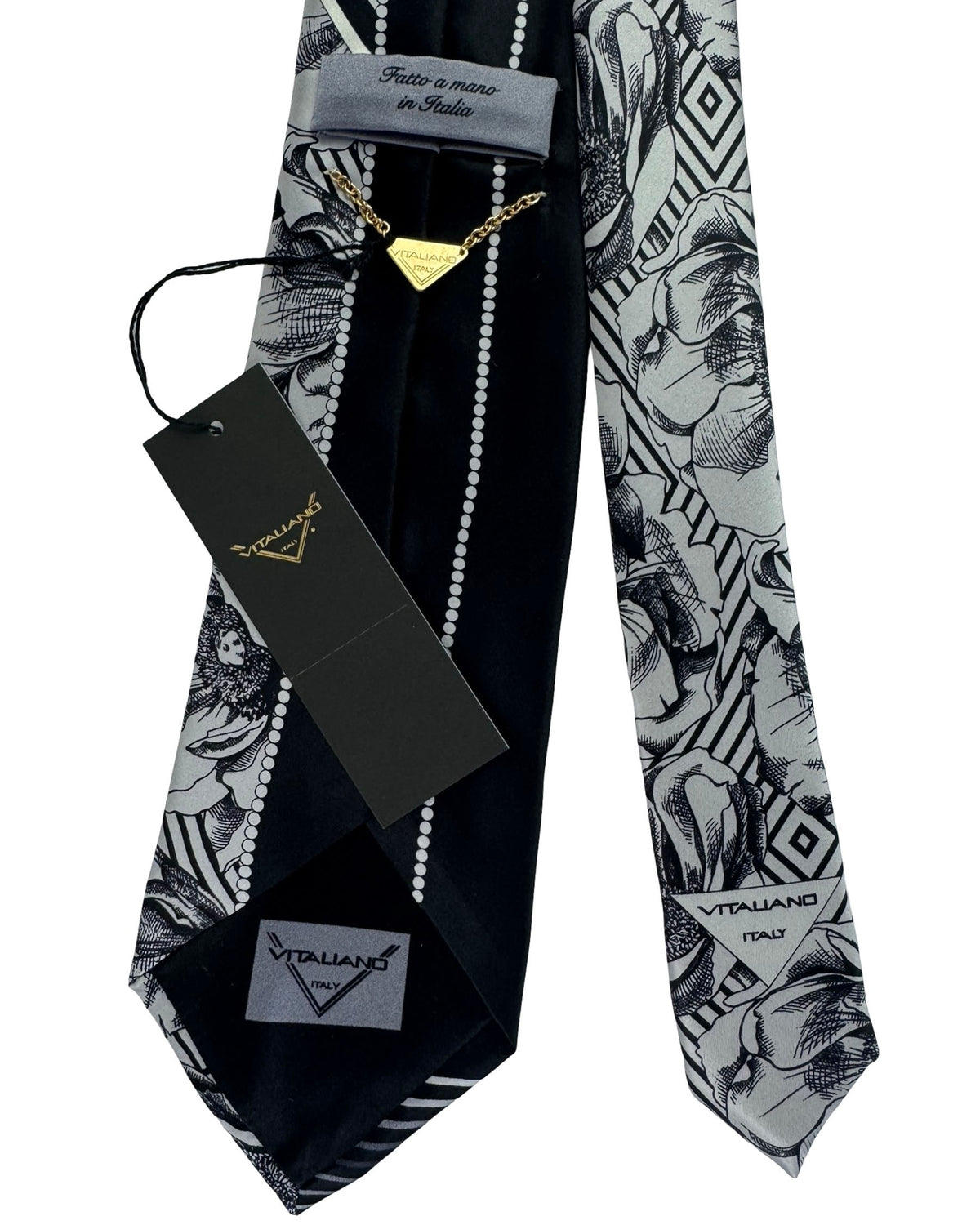 Vitaliano Pancaldi Silk Tie Black White Stripe Floral