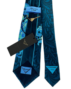 Vitaliano Pancaldi Silk Tie Dark Blue Teal Aqua Paisley Floral