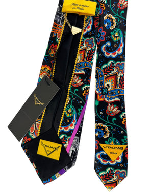 Vitaliano Pancaldi Silk Tie Black With Vibrant Multicolor Paisley Pattern