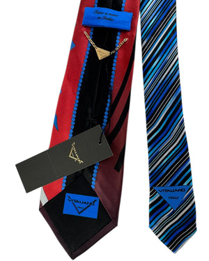 Vitaliano Pancaldi Silk Tie Burgundy And Red With Blue Curved Stripe Design