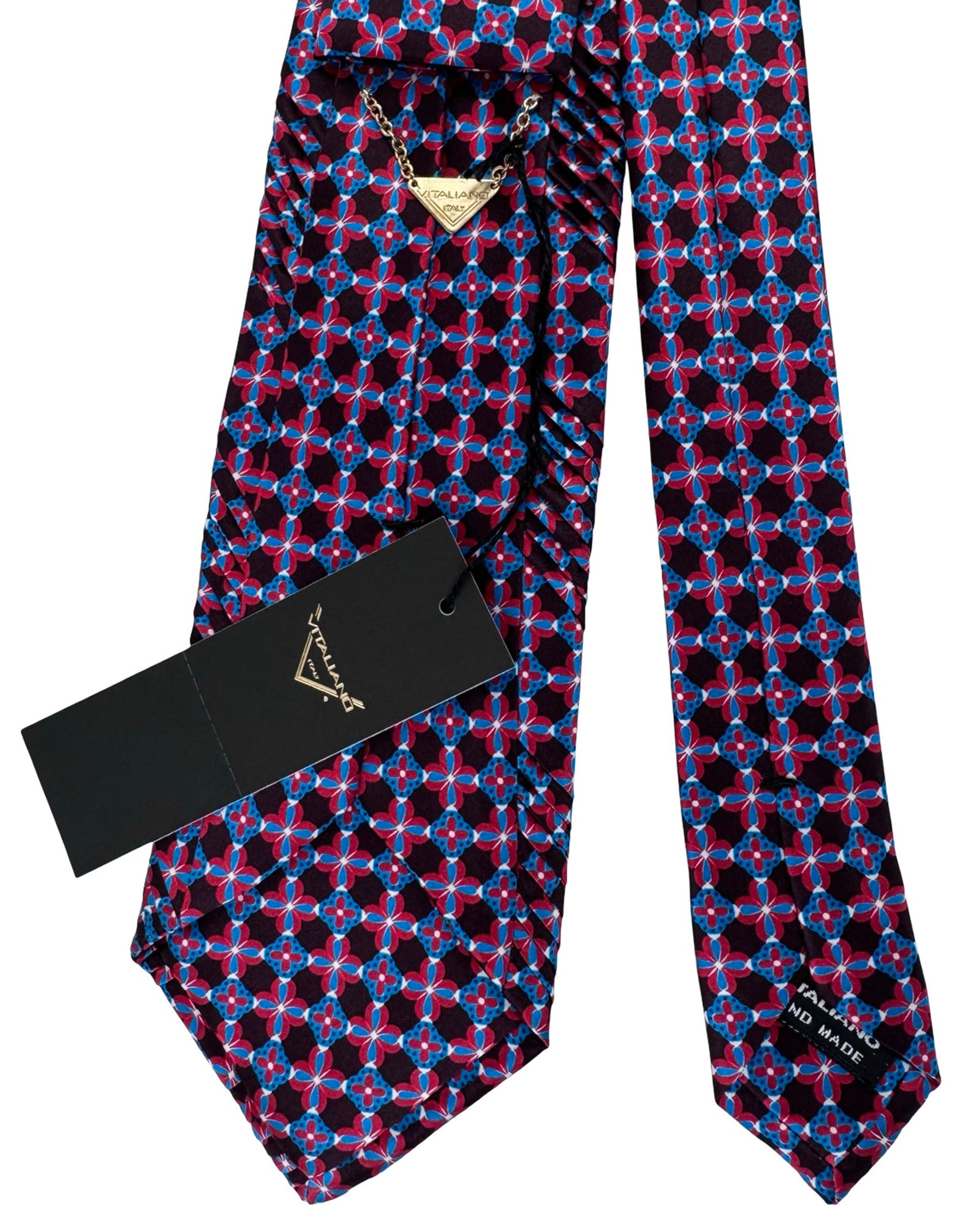 Vitaliano Pancaldi Pleated Silk Tie Black Bordeaux And Blue Medallion