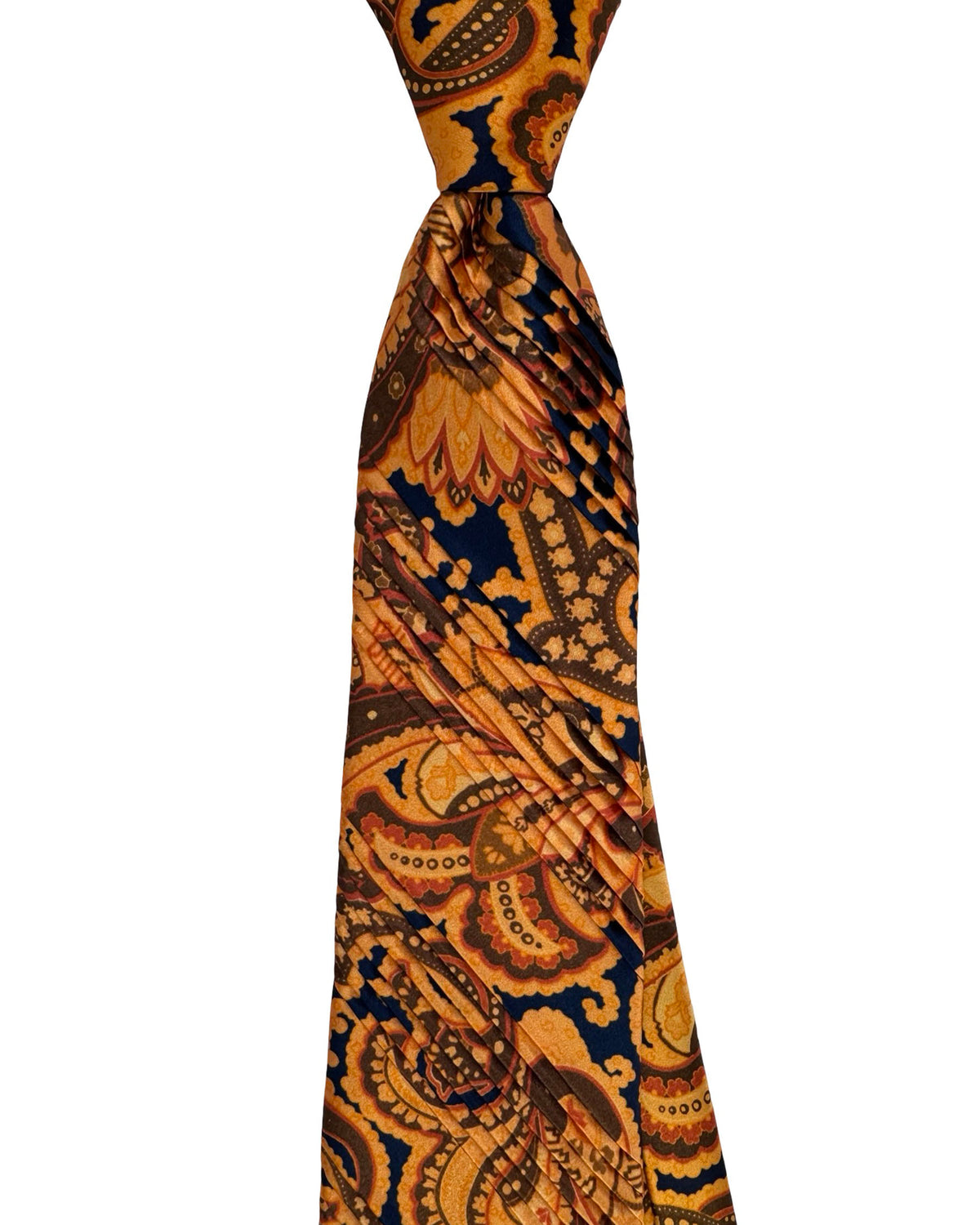 Vitaliano Pancaldi Pleated Silk Tie Gold Brown And Orange Paisley