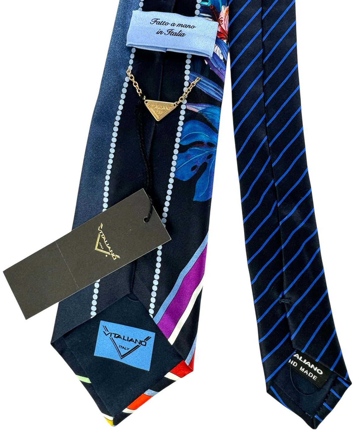 Vitaliano Pancaldi Silk Tie Dark Blue Floral & Colorful Lines