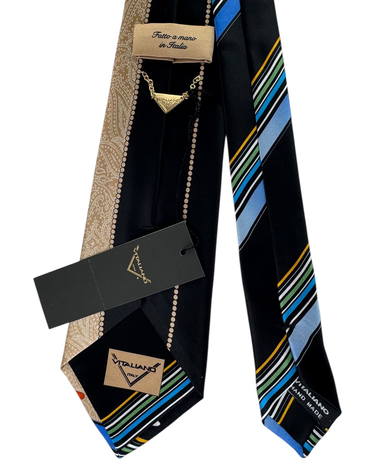 Vitaliano Pancaldi Silk Tie Black Beige Royal Blue Signature Design