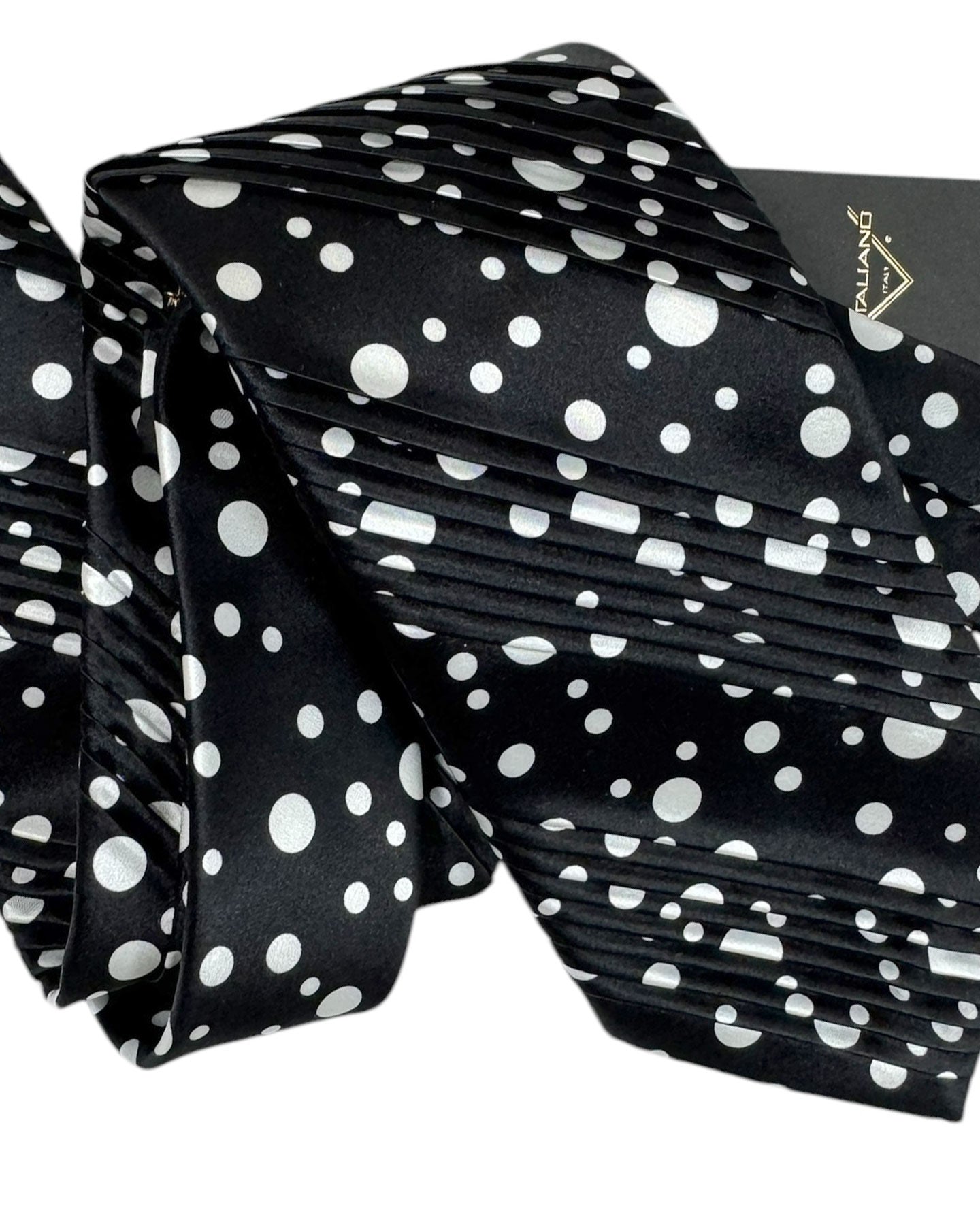 Pancaldi Pleated Silk Tie Black White Dots