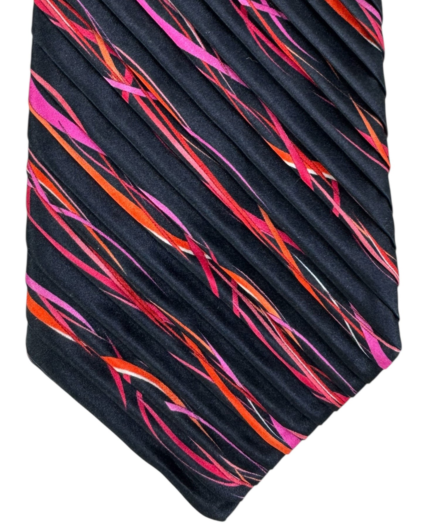 Vitaliano Pancaldi Pleated Silk Tie Black Red Orange Purple Swirly Stripes