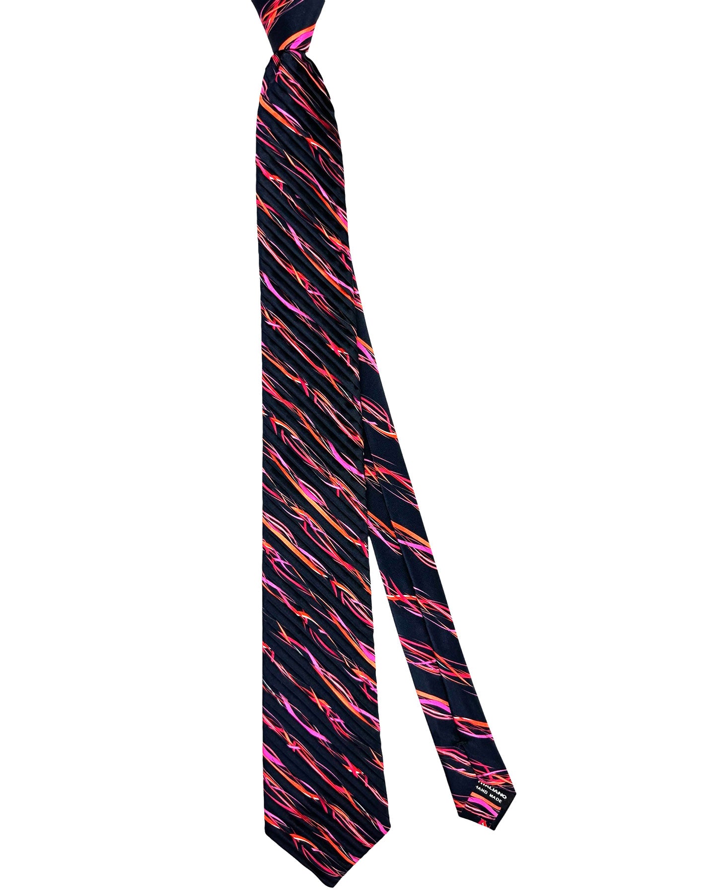 Vitaliano Pancaldi Pleated Silk Tie Black Red Orange Purple Swirly Stripes