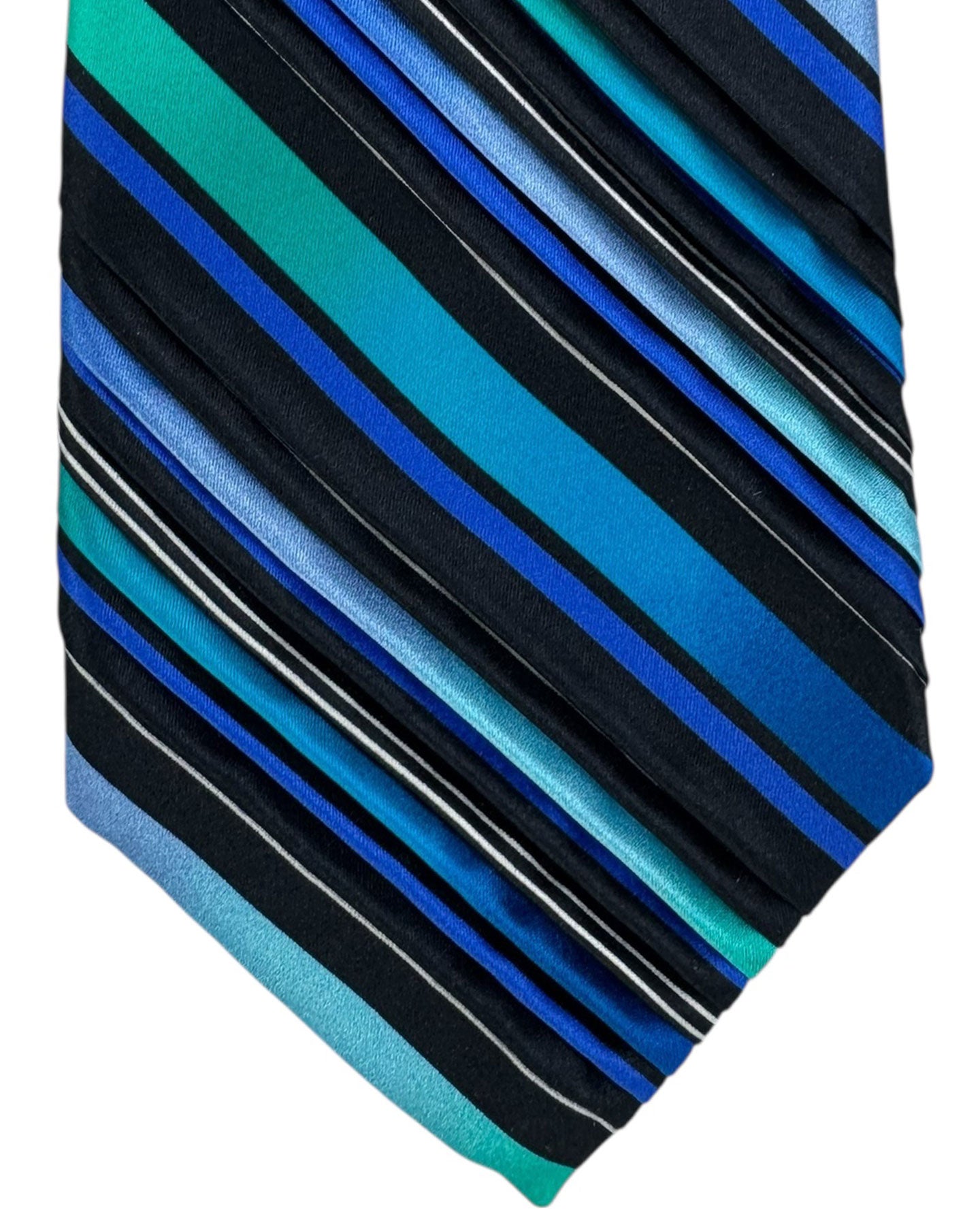 Vitaliano Pancaldi Pleated Silk Tie Black Royal Blue Aqua Stripes