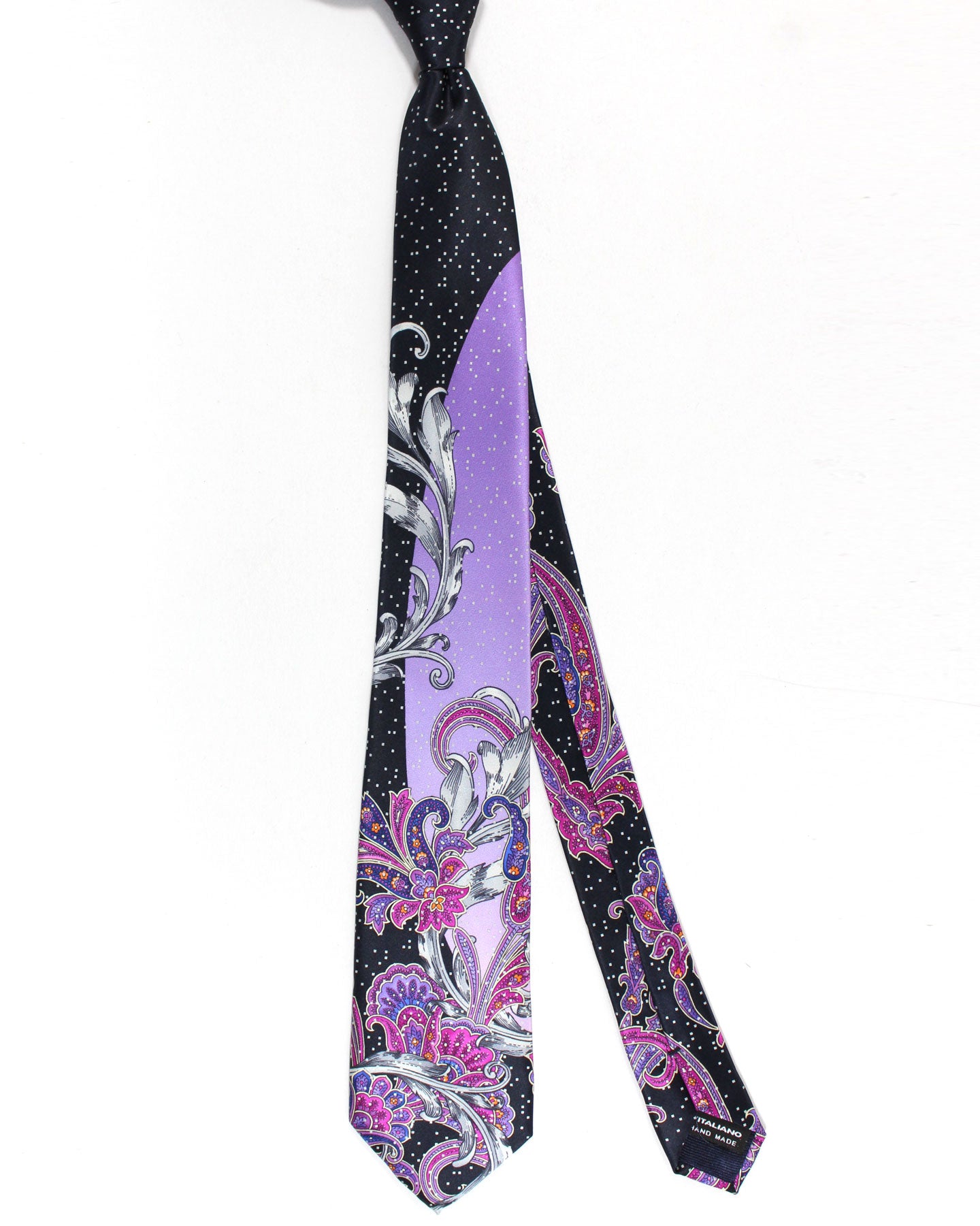 Vitaliano Pancaldi Silk Tie Black Lilac Magenta Ornamental Design