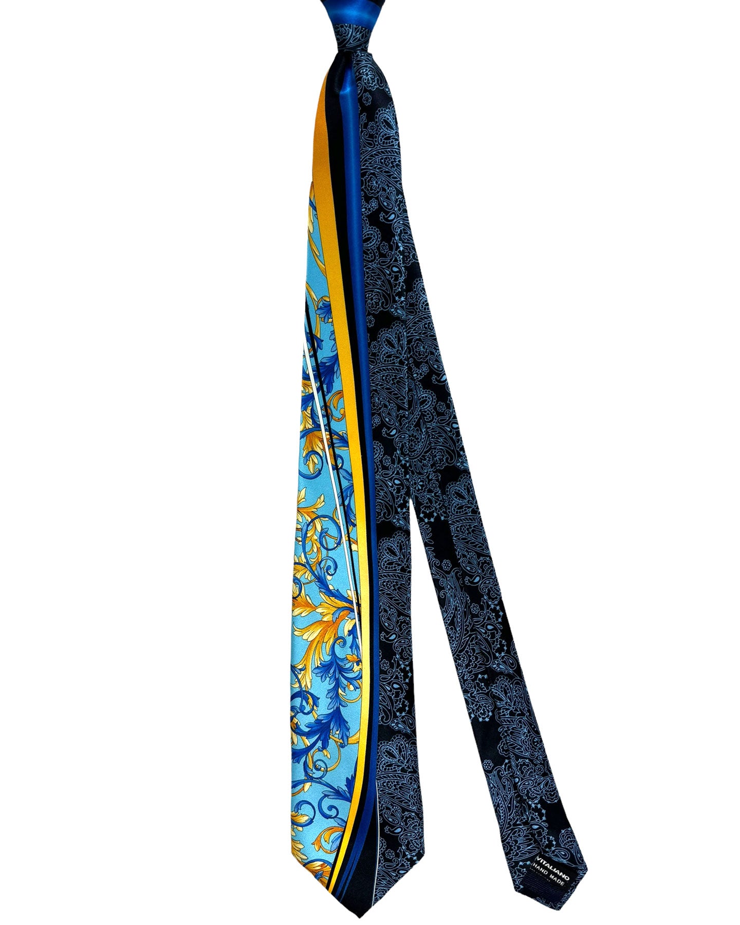 Vitaliano Pancaldi Silk Tie Black Blue Orange Gold Paisley Ornamental Design