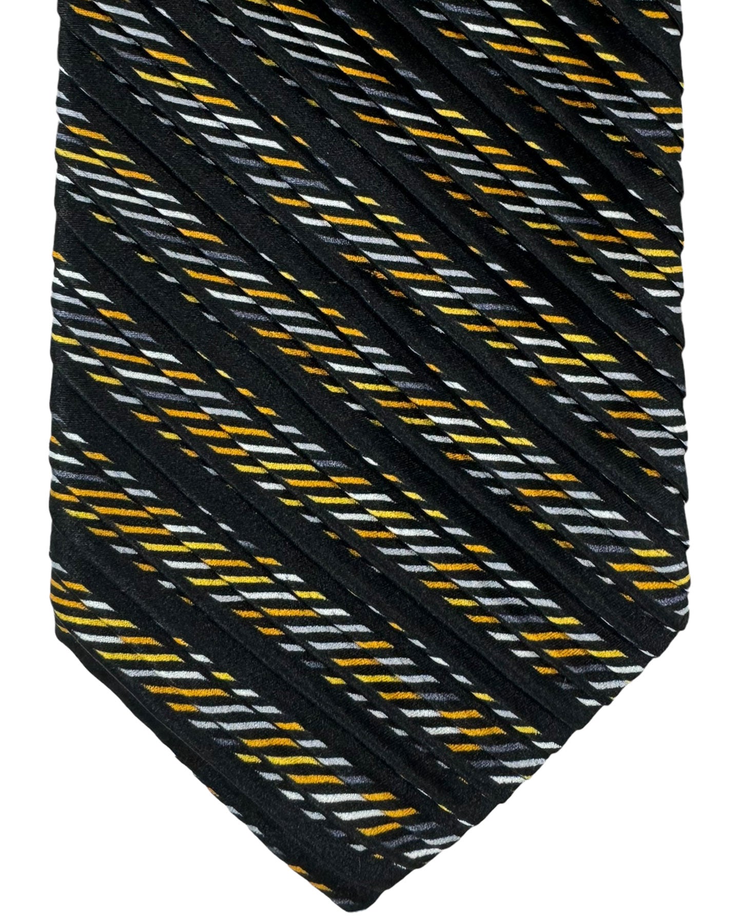 Vitaliano Pancaldi Pleated Silk Tie Black Gray Orange Gold Stripes