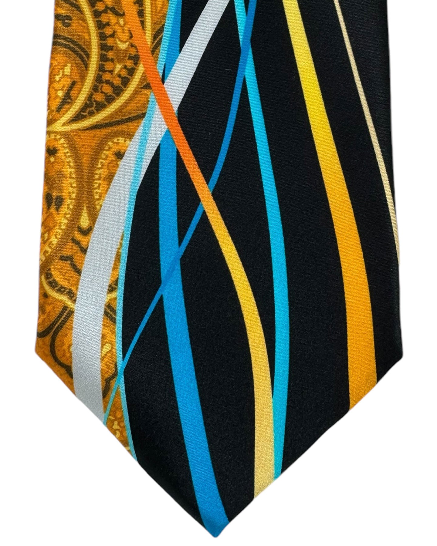 Vitaliano Pancaldi Silk Tie Black Orange Aqua Paisley Swirl Design