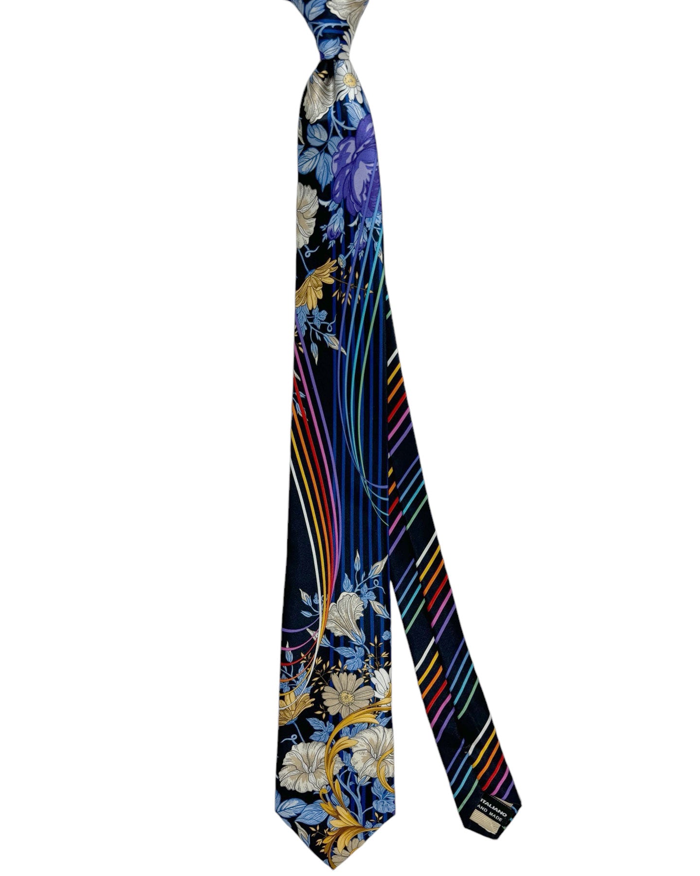 Vitaliano Pancaldi Silk Tie Black Blue Orange Swirl Floral Design