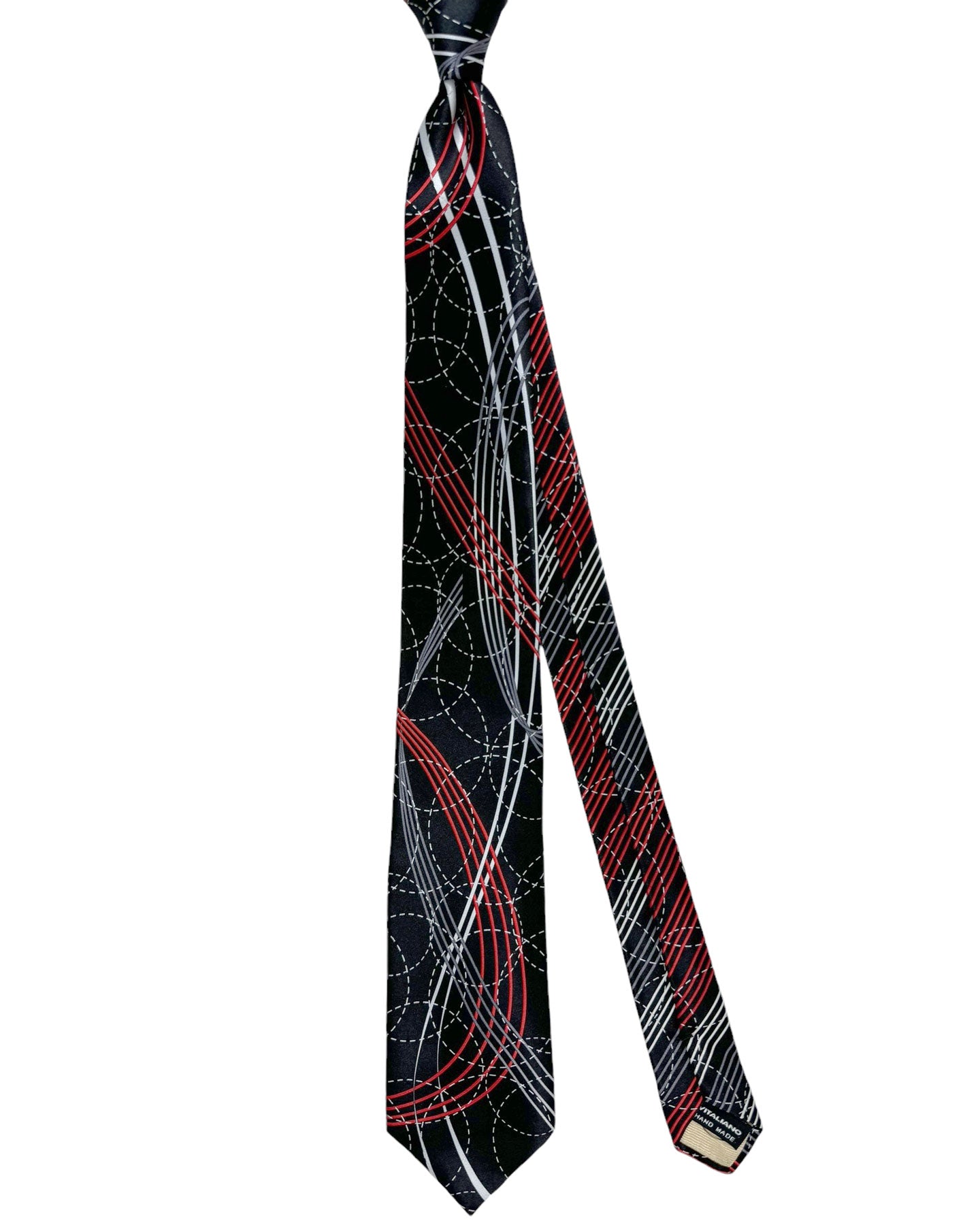 Vitaliano Pancaldi Silk Tie Black Red Silver Swirl Geometric Design