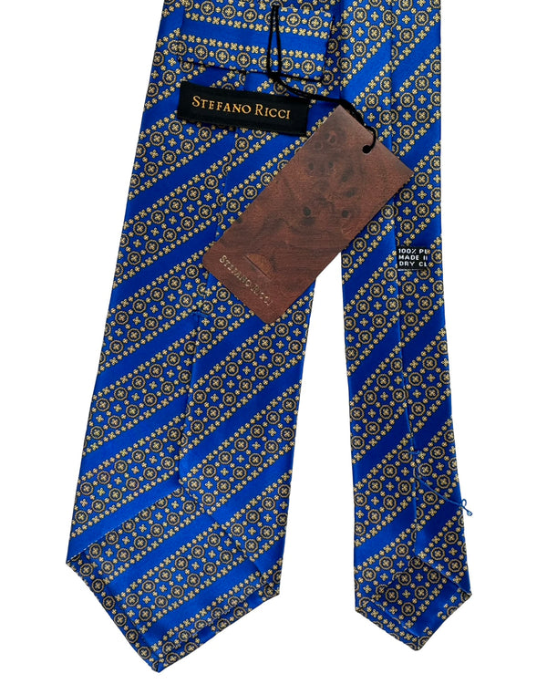 【SR-002】STEFANO RICCI ネクタイ ブルー 幾何ストライプ小紋 Stefano Ricci Tie Royal Blue Gold Pattern Stripes - Tie Deals