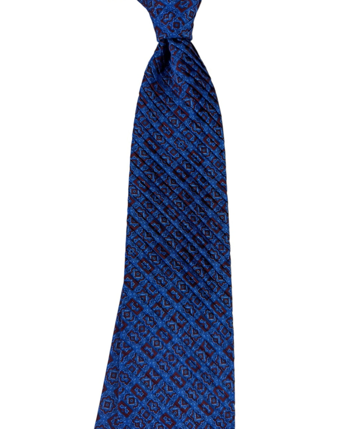 Stefano Ricci Pleated Silk Tie Blue Brown Geometric Medallion Pattern