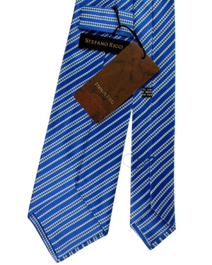 Stefano Ricci Pleated Silk Tie Blue White Floral Stripe Pattern