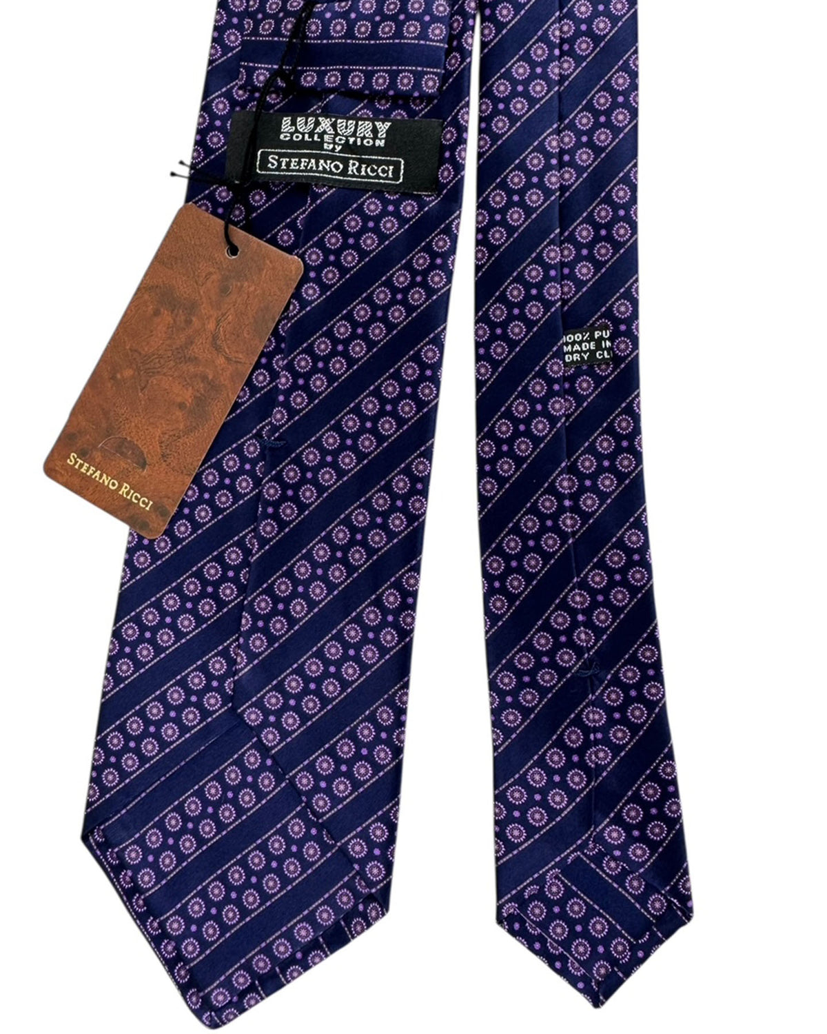 Stefano Ricci Silk Tie Midnight Blue and Purple Medallion Stripe