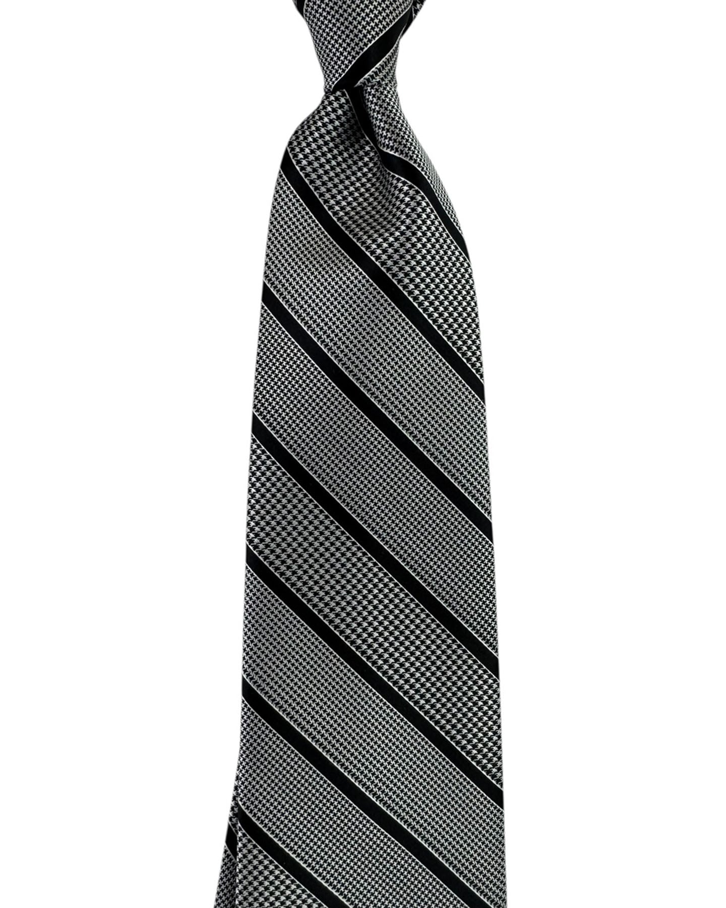 Stefano Ricci Tie Dark Navy Silver Stripes and Houndstooth Pattern
