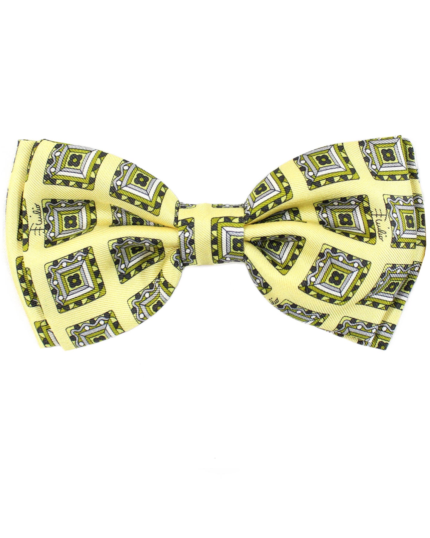 Emilio Pucci Silk Bow Tie Yellow Olive Gray Medallions - Made In Italy