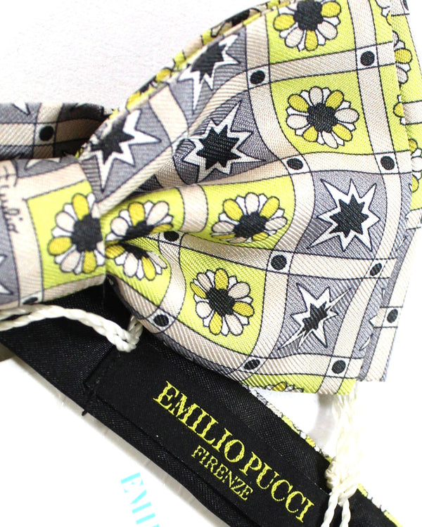 Emilio Pucci Silk Bow Tie Gray Bright Yellow Floral Geometric Pre ...