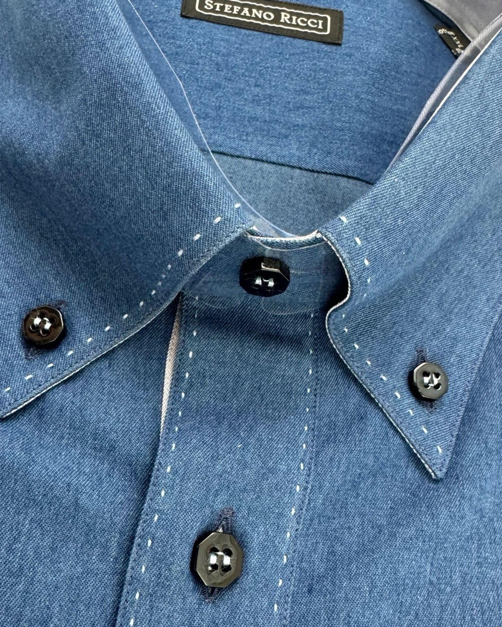 Stefano Ricci Denim Sport Shirt Dark Blue Button Down Collar