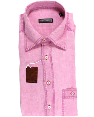 Stefano Ricci Short Sleeve Shirt Linen Pink Solid Design 40 -15 3/4