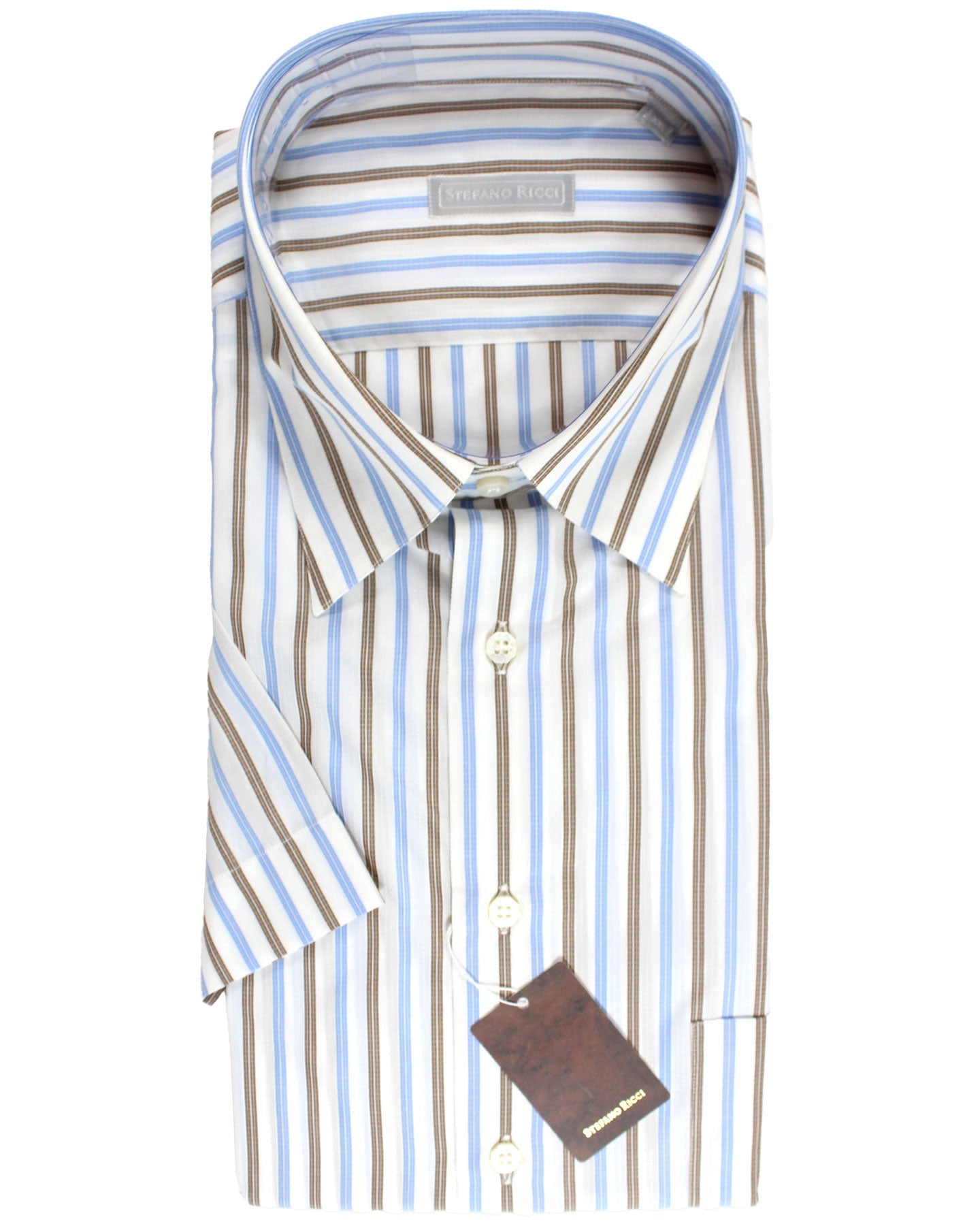 Stefano Ricci Short Sleeve Shirt White Blue Brown Verical Stripes Pattern XXL