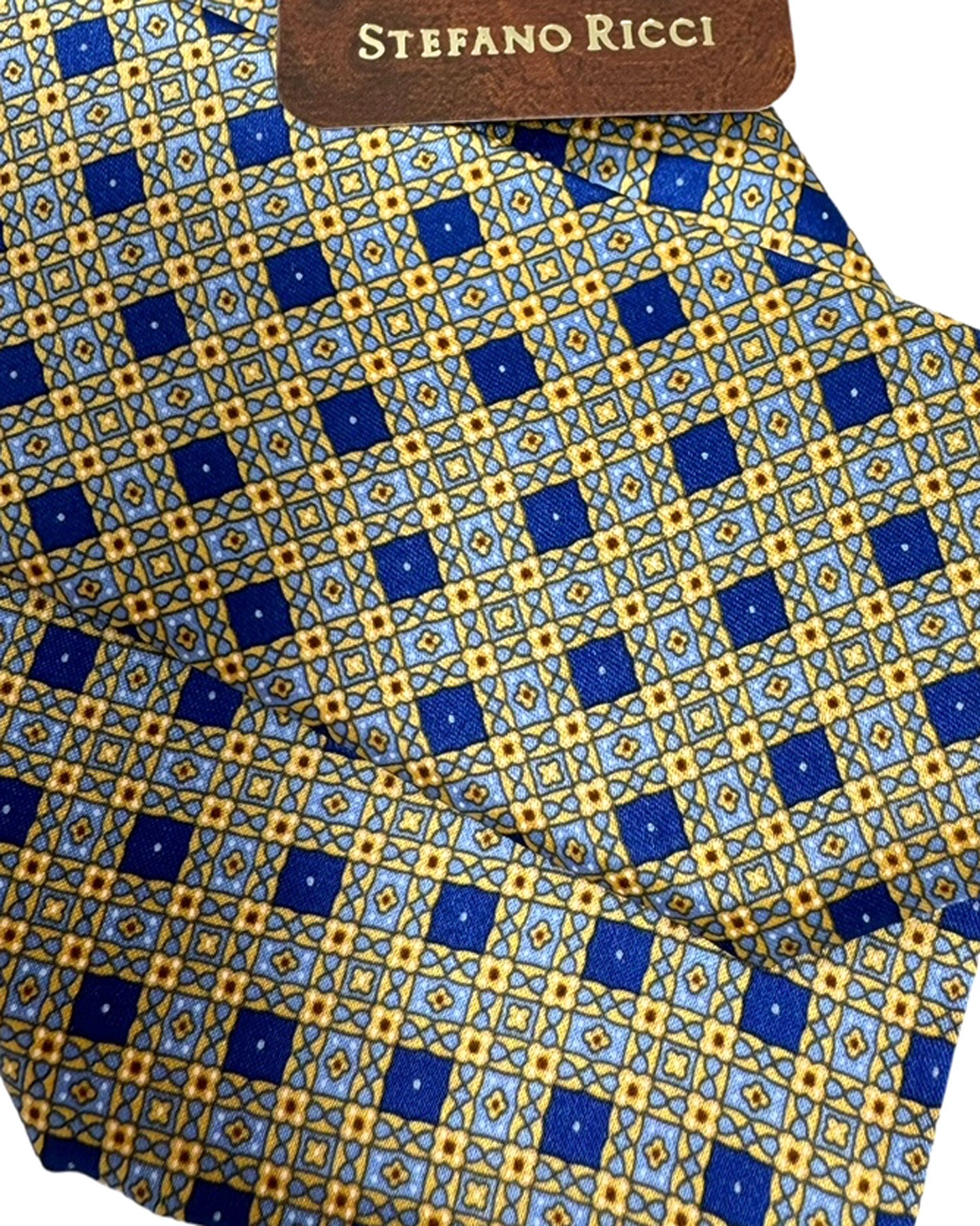 Stefano Ricci Silk Tie Orange Royal Blue Gingham Micro Pattern