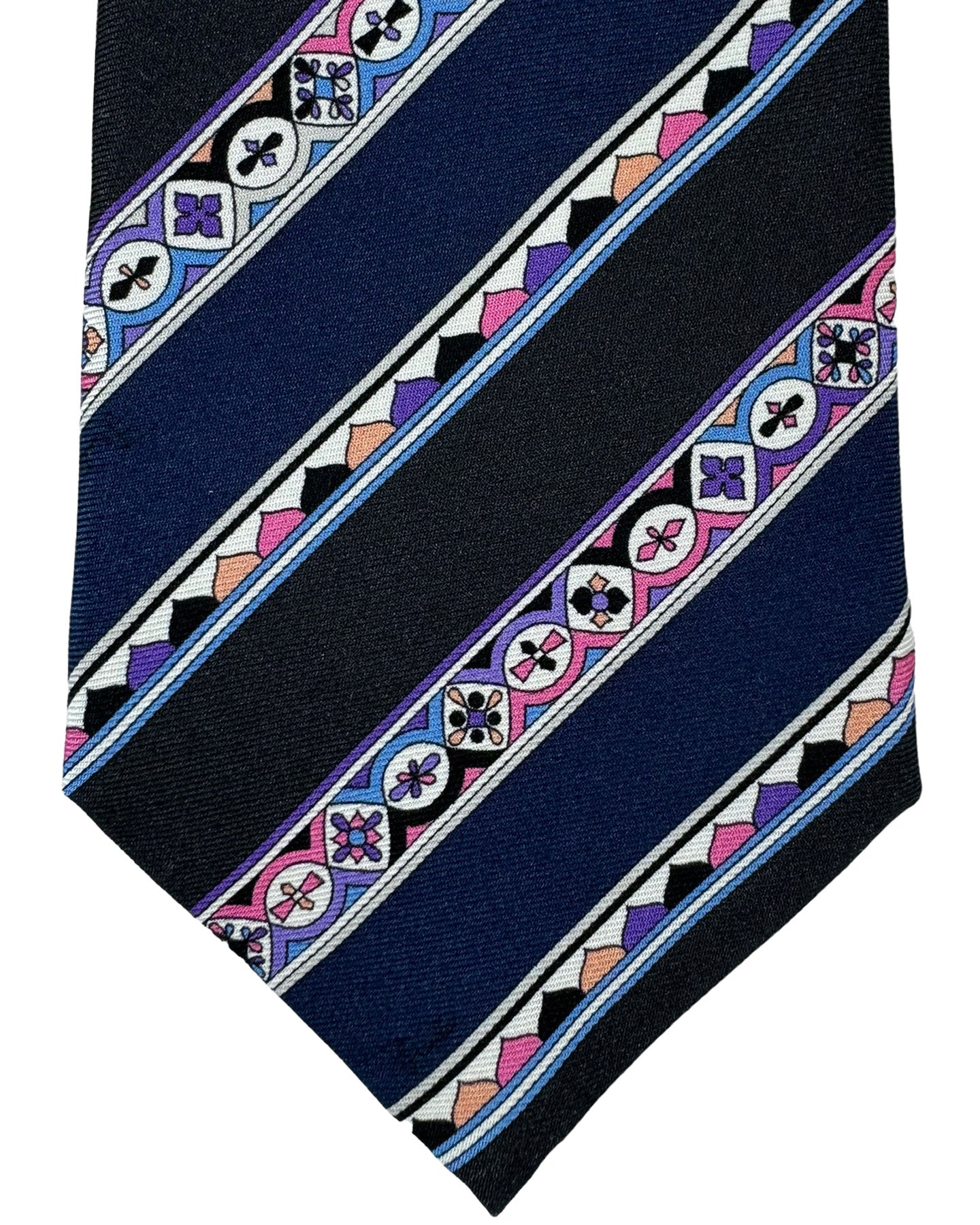 Emilio Pucci Silk Tie Signature Dark Blue Black Pink Purple Stripes Design