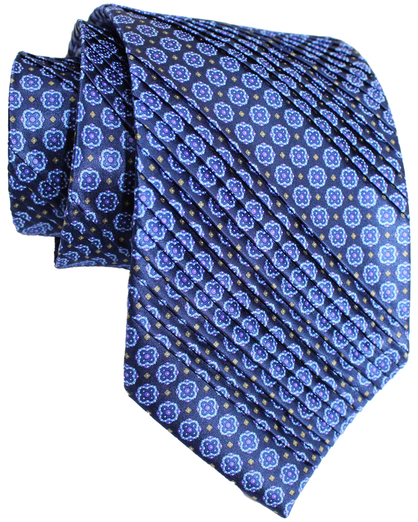 Stefano Ricci Pleated Silk Tie Dark Blue Purple Medallions Design