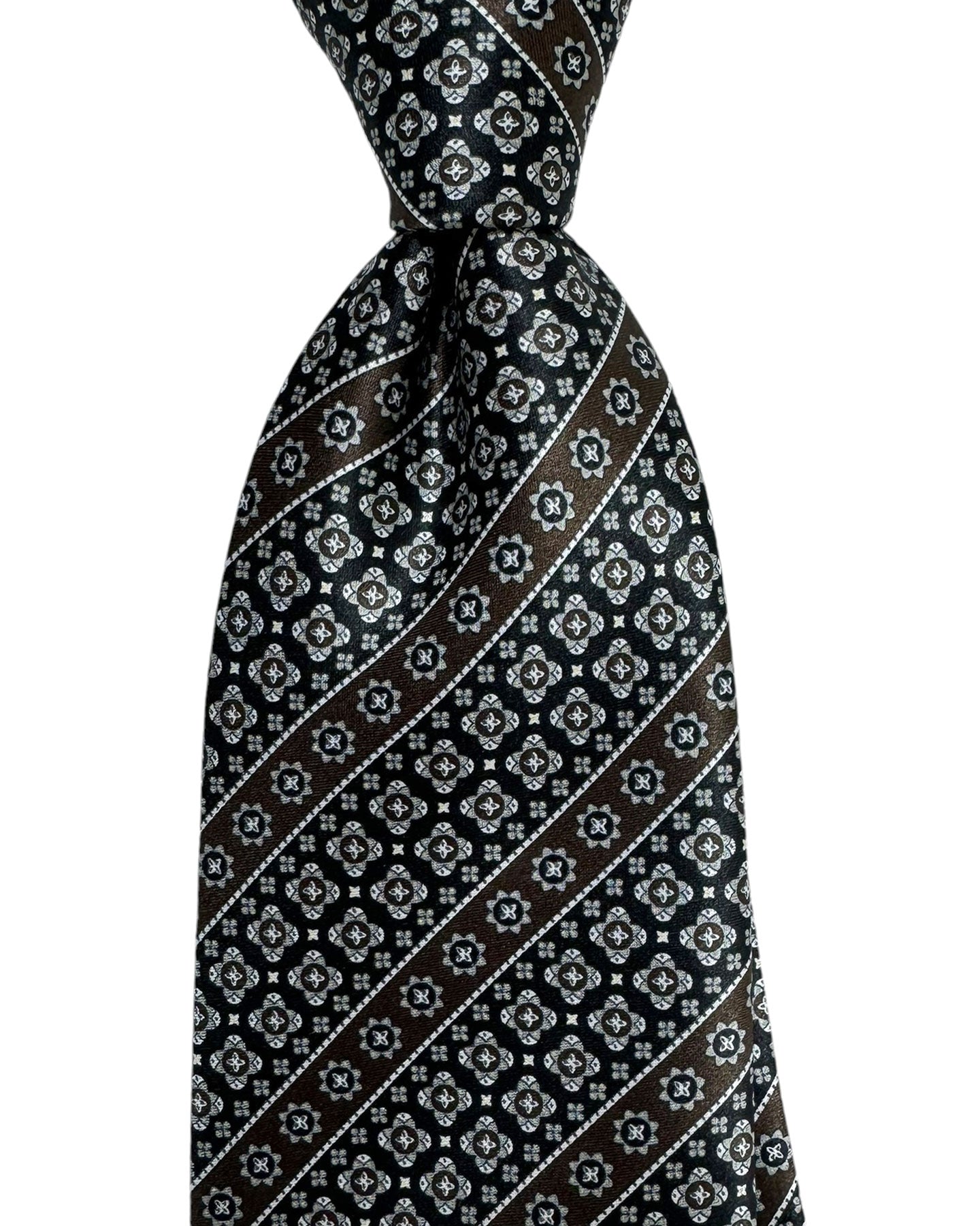 Stefano Ricci Tie Black Brown Gray Floral Stripes Design