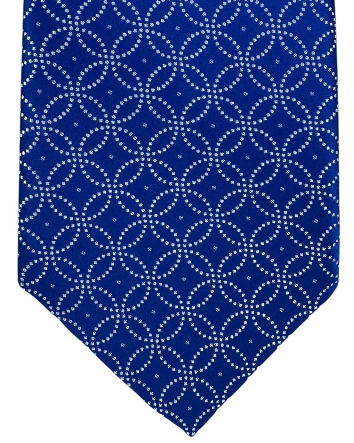 Blue tie with white geometric pattern on a white background