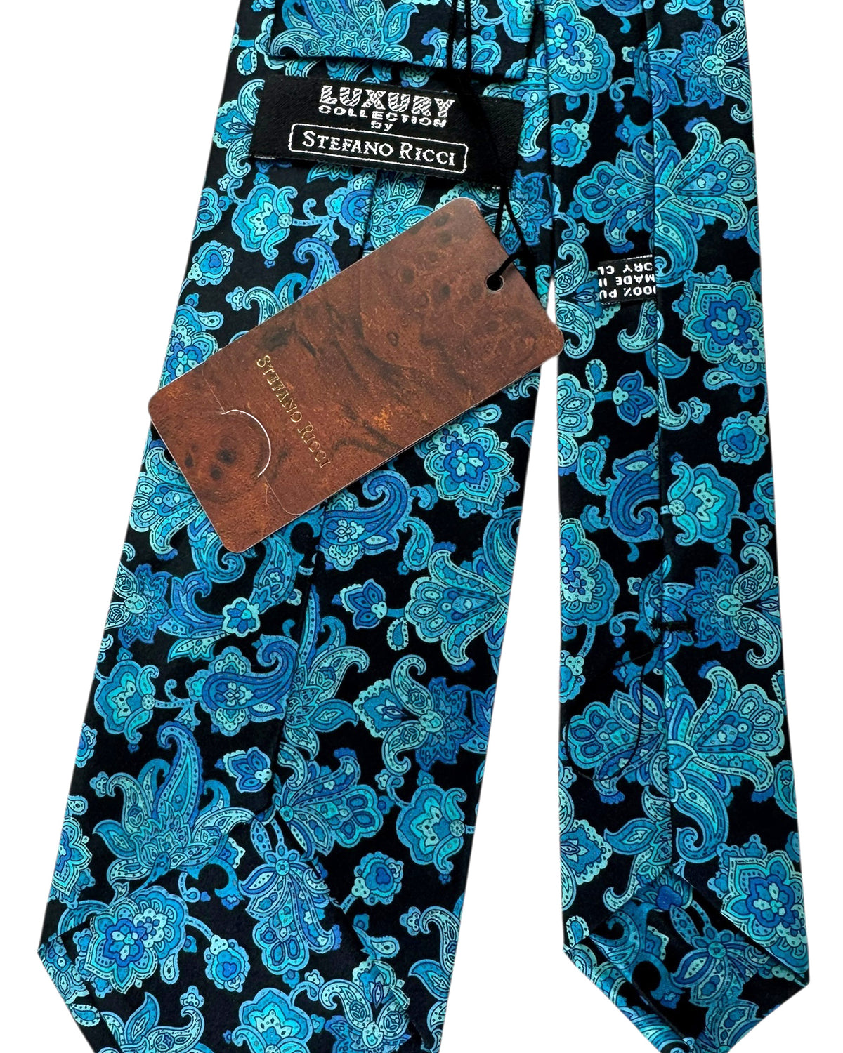 Stefano Ricci Tie Black Aqua Blue Ornamental Paisley