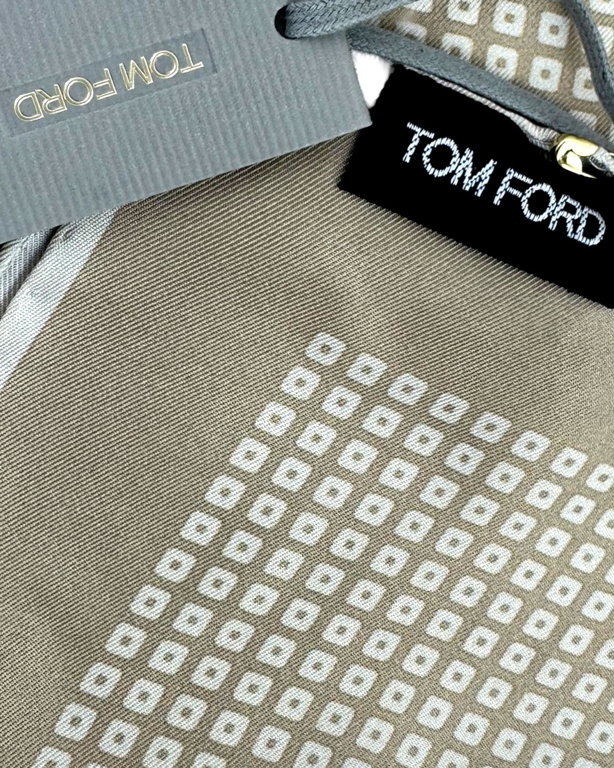 Tom Ford Silk Pocket Square Taupe Geometric Squares Design
