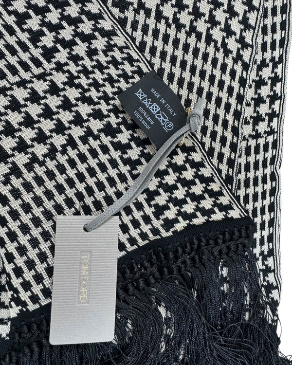 TOM FORD トムフォード　カシシル ストール Tom Ford Scarf Black Silver Houndstooth Design - Fringe - Tie Deals
