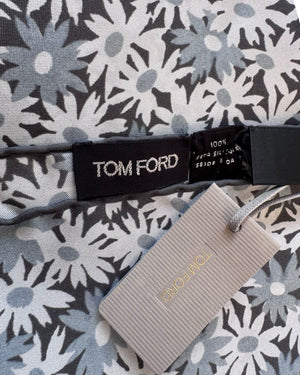 Tom Ford Silk Pocket Square Grey and Blue Daisy Print